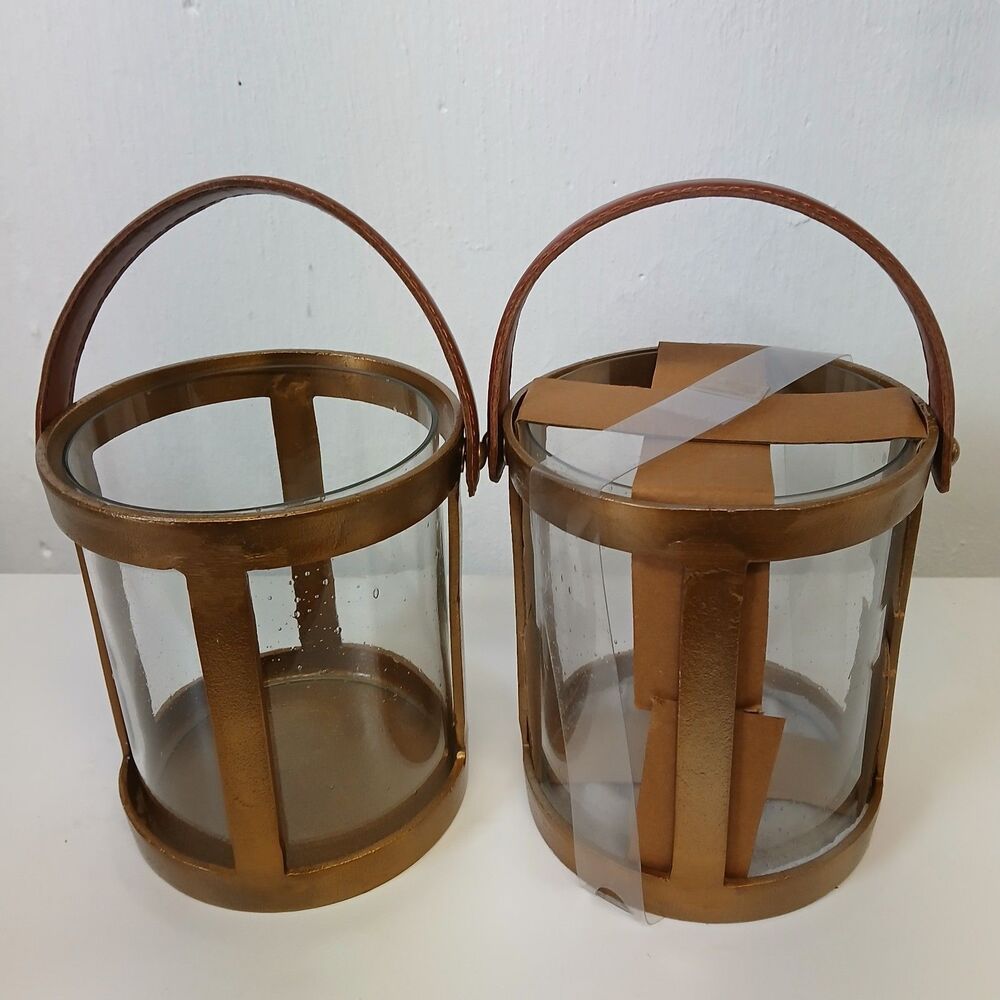 Threshold Glass Candle Holder Set of 2 Brushed Metal w/Brown Faux Leather Handle - Picture 9 of 9